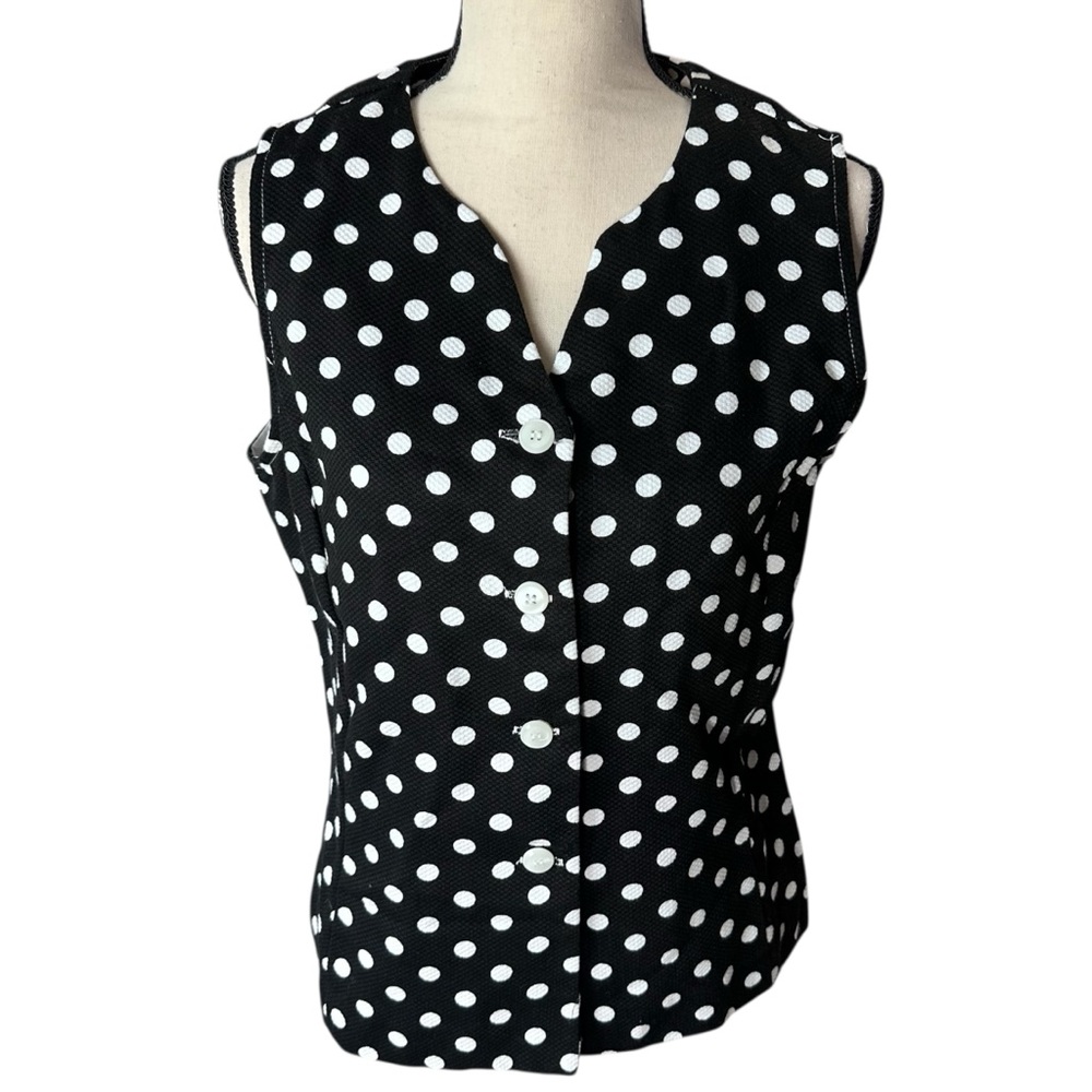 REQUIREMENTS Vintage Polka Dot Button Down Vest Black White Size 12 100% Cotton